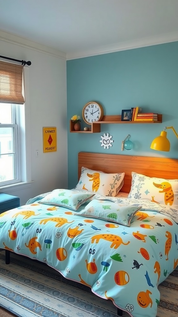 A playful boys bedroom with whimsical bedding featuring animal prints and colorful accessories.