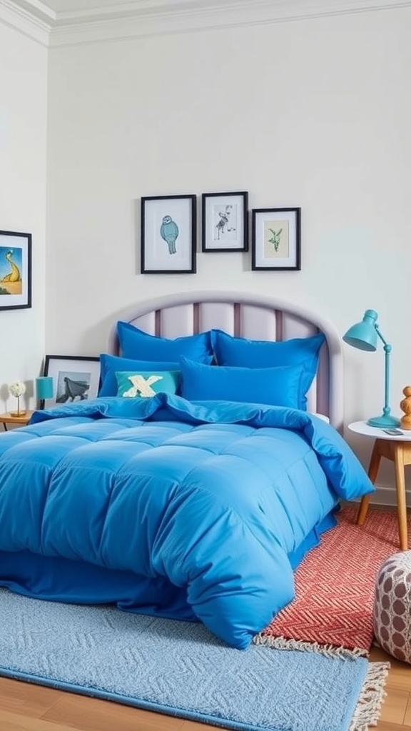 A vibrant blue bedding set in a boho-style bedroom, featuring a puffy comforter, colorful cushions, and playful wall art.