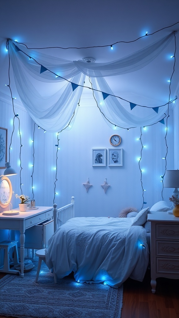 A serene blue bedroom adorned with fairy lights and soft fabrics, creating a whimsical atmosphere.