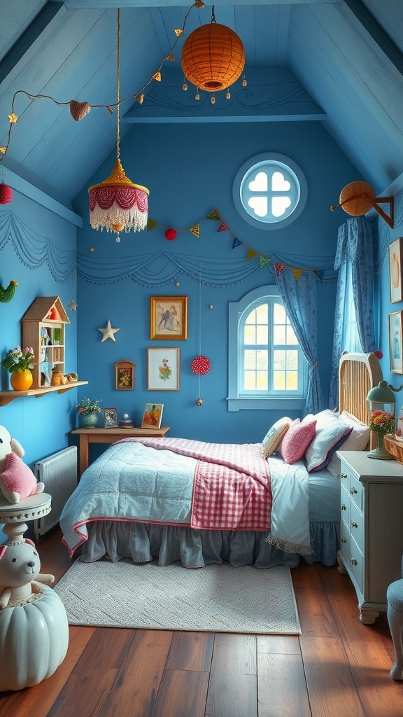A whimsical blue bedroom featuring soft blue walls, a cozy bed with a ruffled skirt, colorful lanterns, and playful decorations.