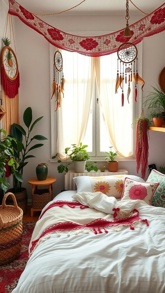A cozy bohemian bedroom featuring plants, decorative pillows, and dreamcatchers, creating a whimsical retreat.