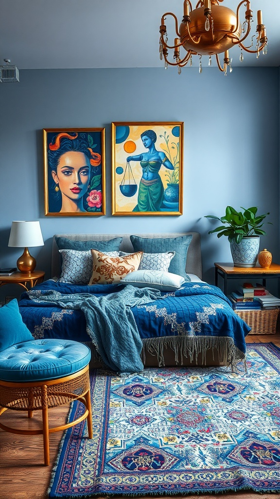 A cozy bedroom featuring gold and blue decor with artistic paintings, plush bedding, and a warm ambiance.