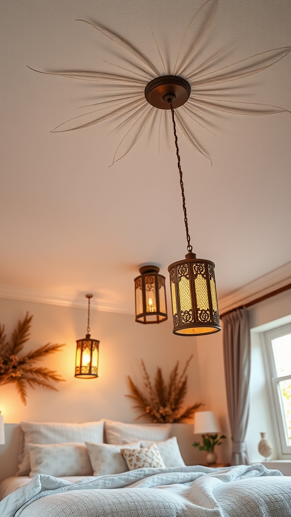 A cozy boho eclectic bedroom with whimsical ceiling decor featuring hanging lanterns and decorative shadows.