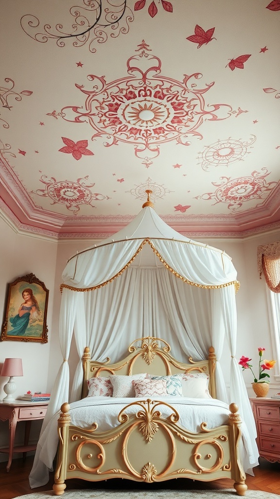 A beautifully decorated boho bedroom featuring whimsical ceiling decor with pink floral designs above a canopy bed.