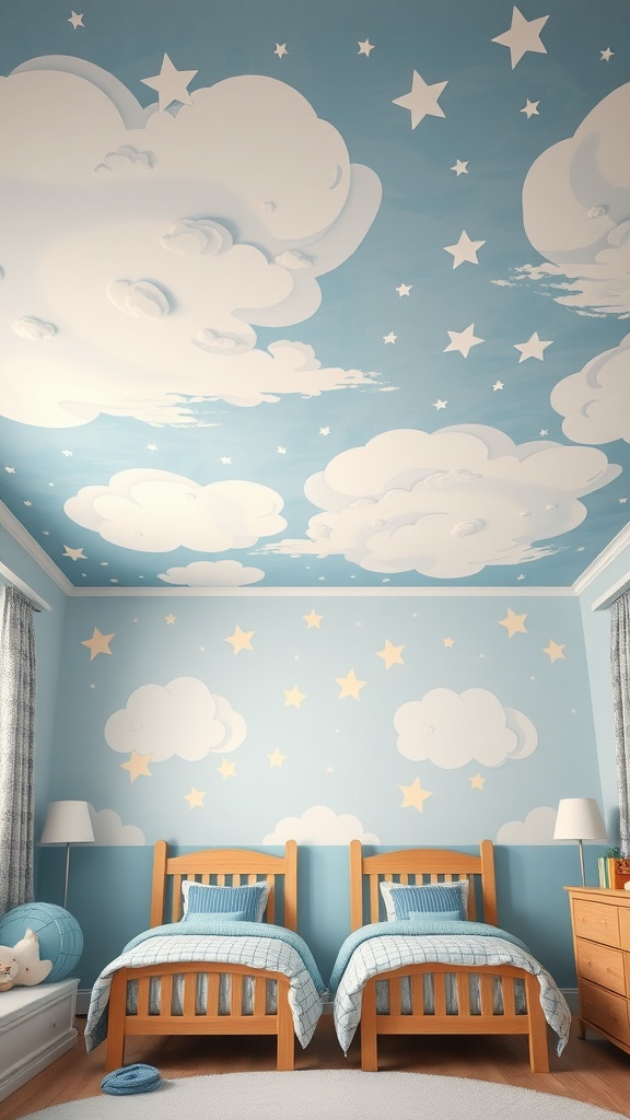 A whimsical ceiling design in a twin boys bedroom featuring clouds and stars