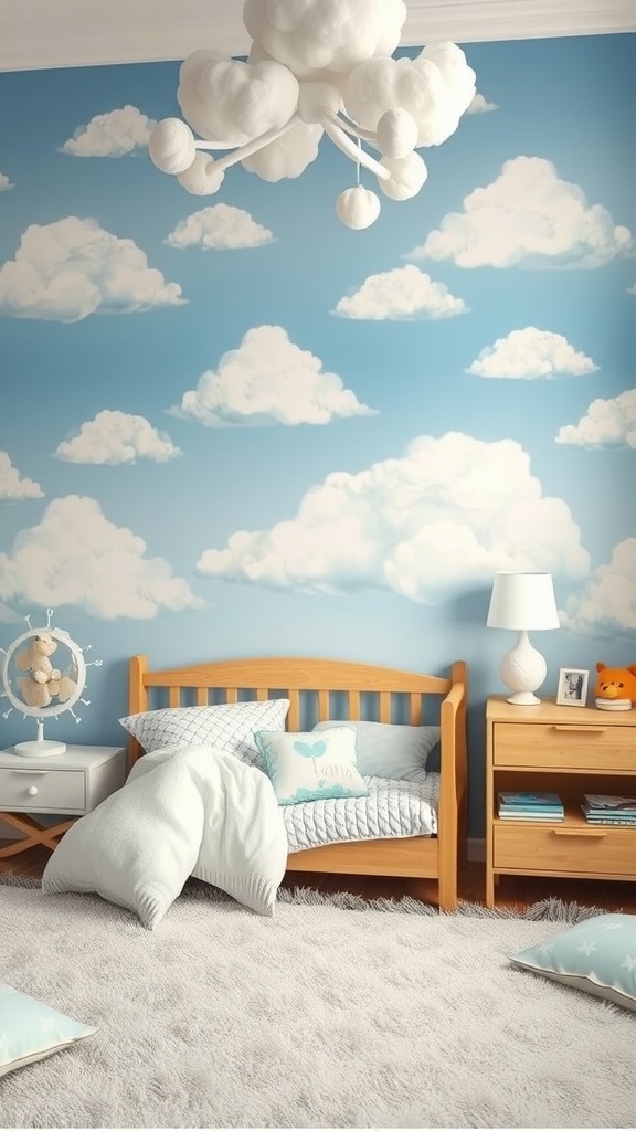 A cozy boy's bedroom with cloud-themed decor, featuring a blue wall with fluffy cloud designs, a wooden bed with pillows, and a cloud chandelier.