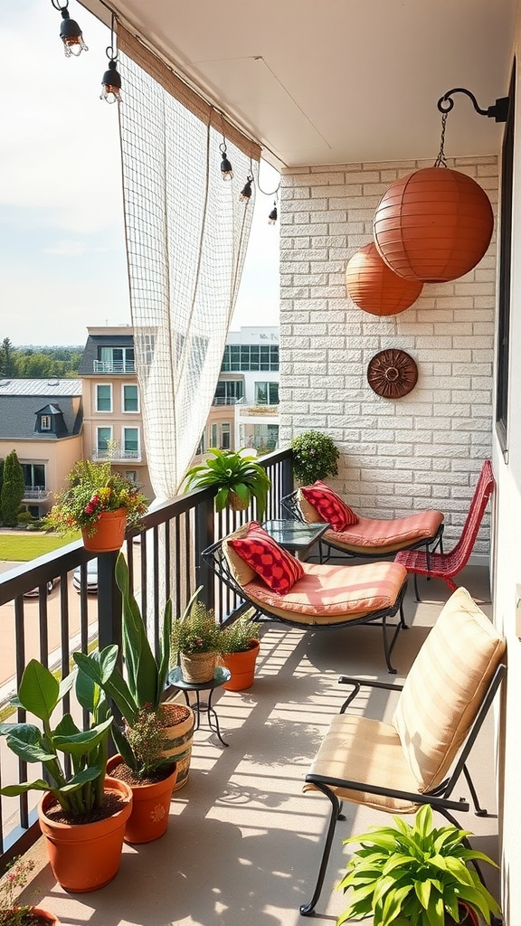 A cozy balcony with colorful cushions, potted plants, lanterns, and a bright atmosphere.