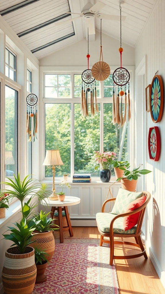 A cozy sunroom decorated with boho style elements including hanging dreamcatchers, potted plants, and a comfortable seating area.