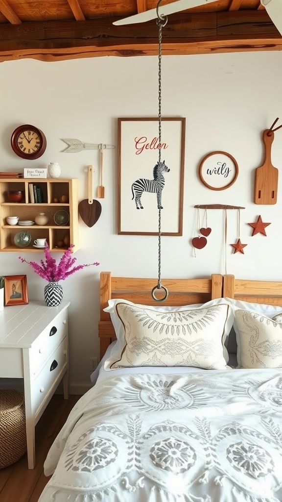 A cozy farmhouse glam bedroom with whimsical decor elements, featuring a zebra artwork and vibrant flowers.