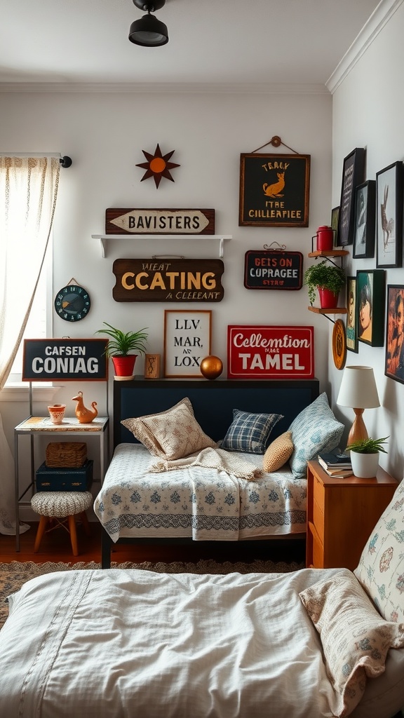A cozy farmhouse bedroom featuring whimsical decor elements like colorful signs, layered bedding, and quirky accents.