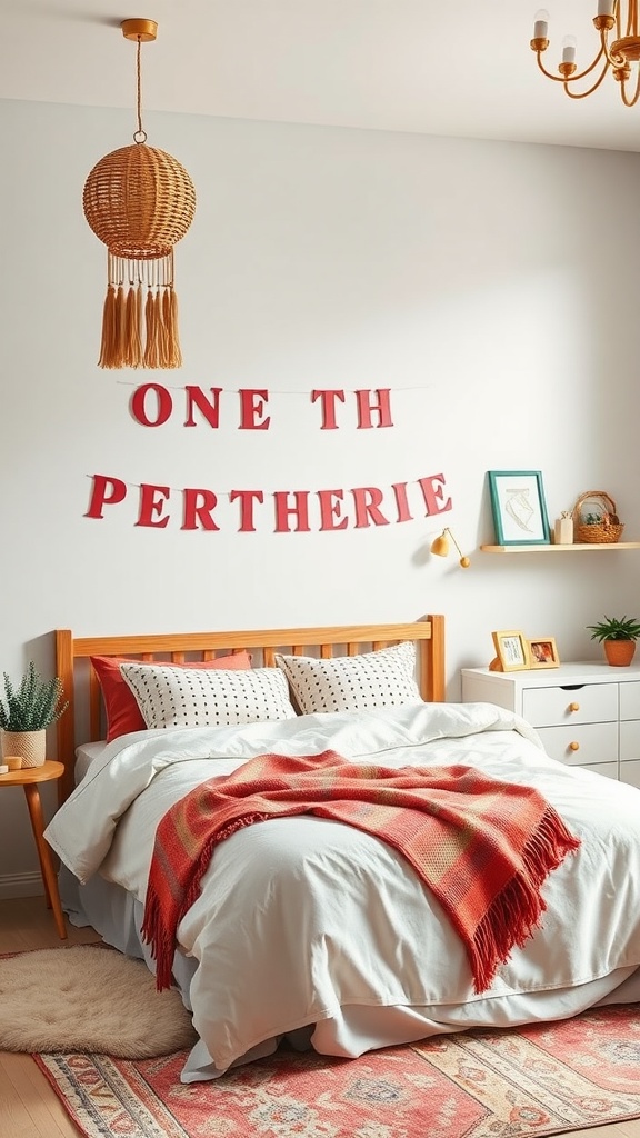 A Boho Mid-Century Modern bedroom featuring whimsical decor with a woven light, playful wall letters, and cozy bedding.