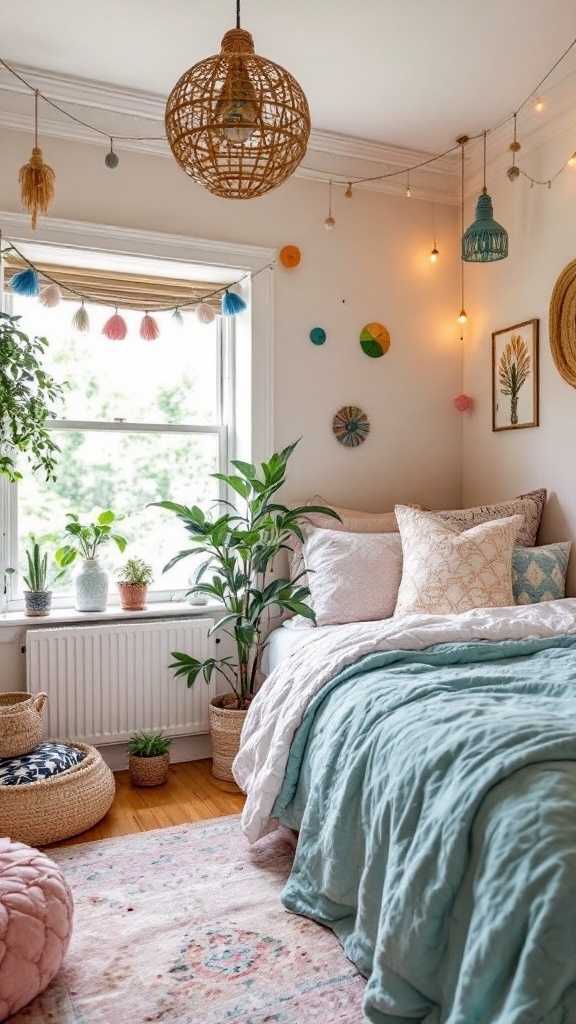 A Boho Mid-Century Modern bedroom featuring whimsical decor with a woven light, playful wall letters, and cozy bedding.
