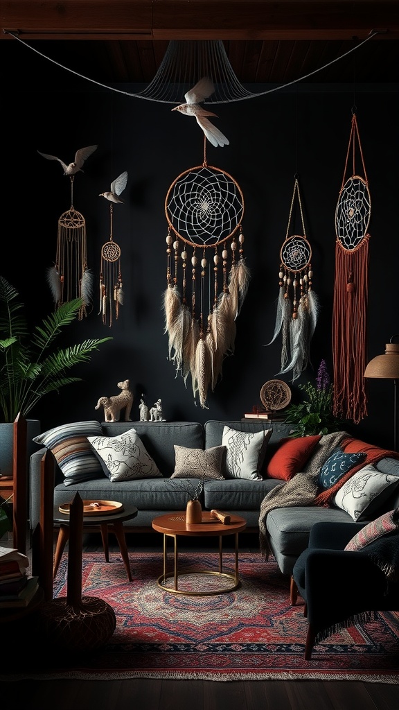 A cozy dark boho living room featuring dreamcatchers, plants, and whimsical decor.
