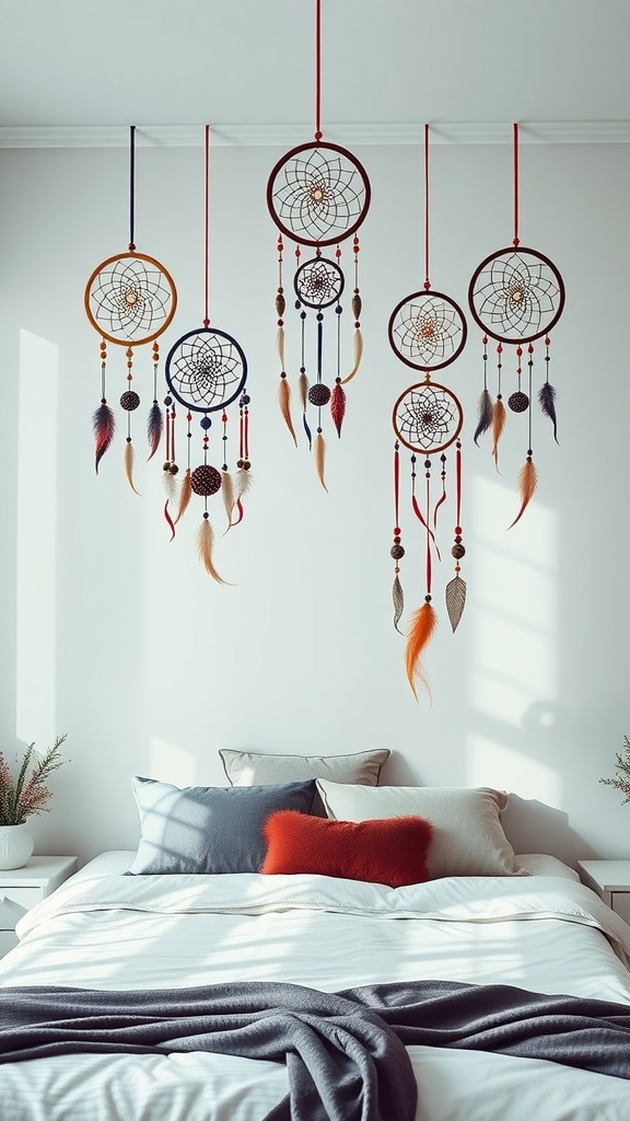 An assortment of colorful dreamcatchers hanging above a bed in a rustic boho style bedroom.