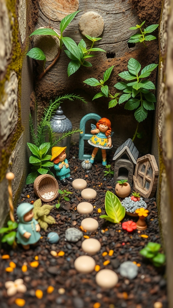 A whimsical fairy garden with miniature figures, plants, and a stone pathway.