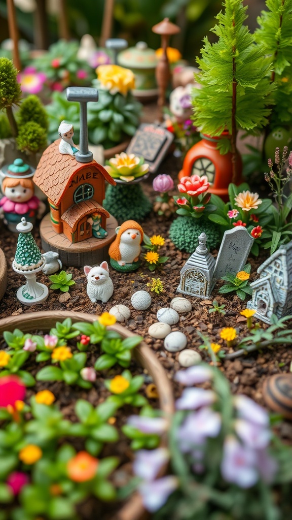 A colorful whimsical fairy garden with miniatures like a tiny house, figurines, and flowers.