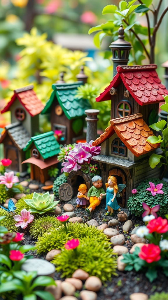 A whimsical fairy garden with colorful miniature houses, flowers, and playful figurines.