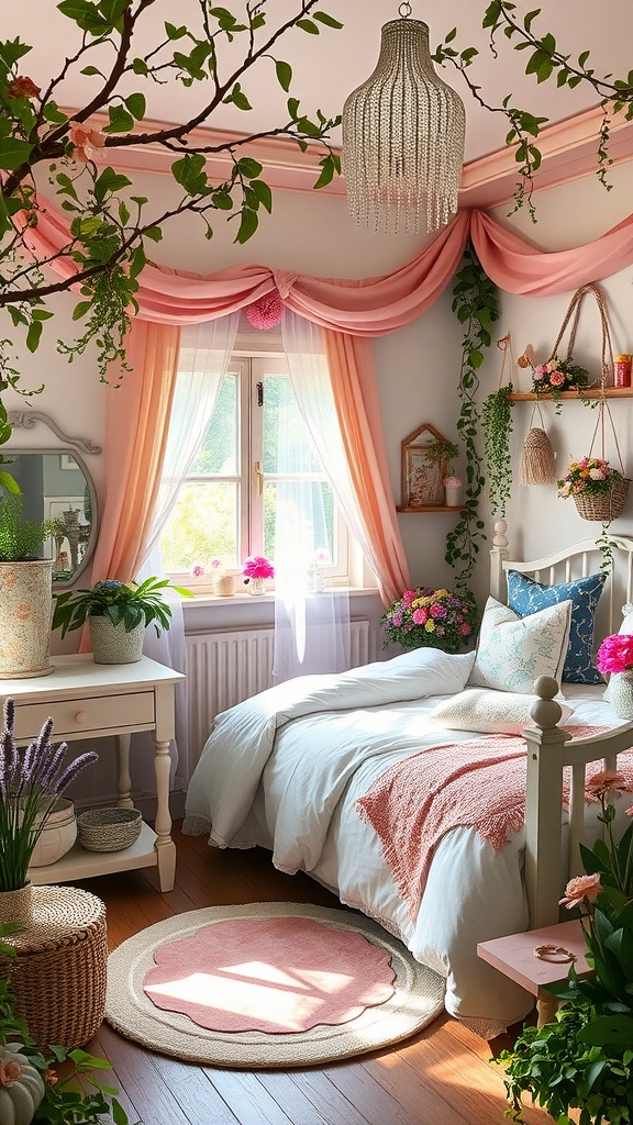 Whimsical Fairy Garden bedroom with soft colors, plants, and cozy decor