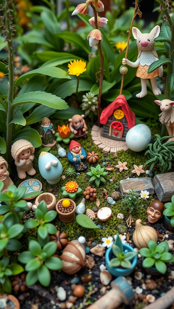 A whimsical fairy garden featuring colorful figurines, a tiny house, and lush greenery.