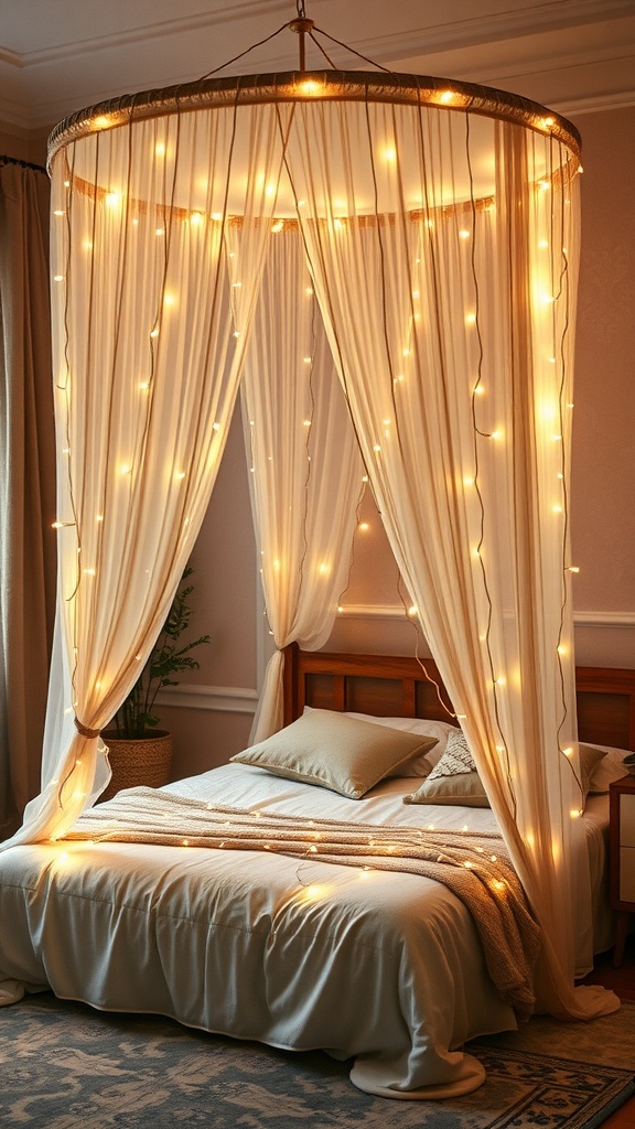 A bedroom with a fairy light canopy, featuring draped fabrics and warm glowing lights