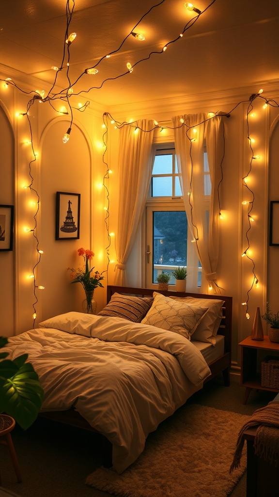A cozy bedroom with fairy lights adorning the walls, creating a warm ambiance.