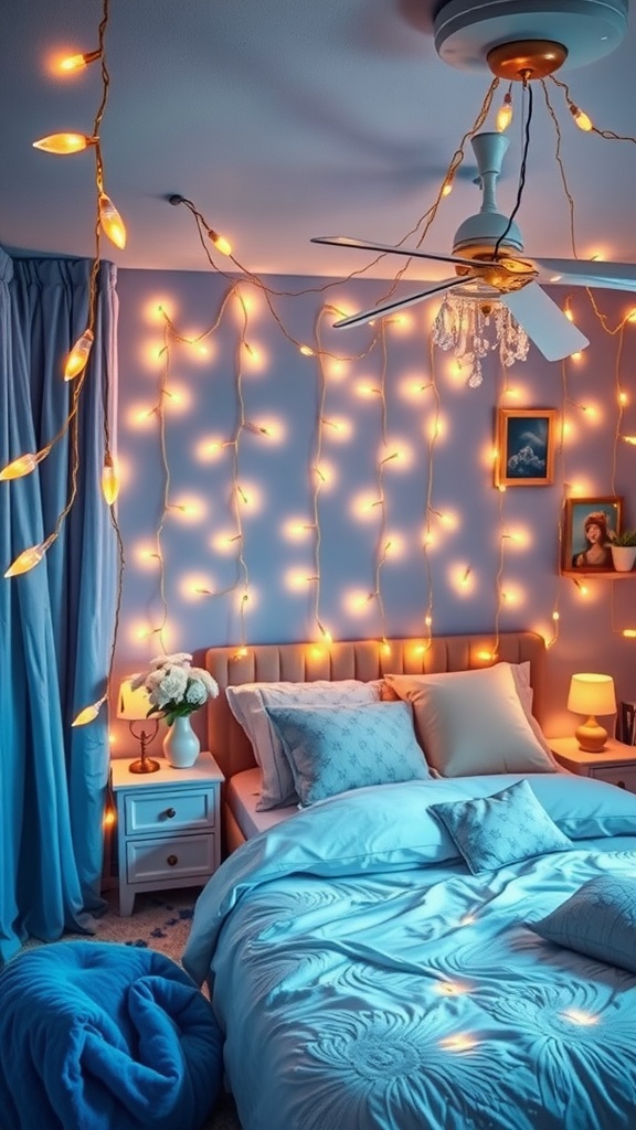 A cozy blue bedroom with whimsical fairy lights adorning the walls, creating a warm and inviting atmosphere.