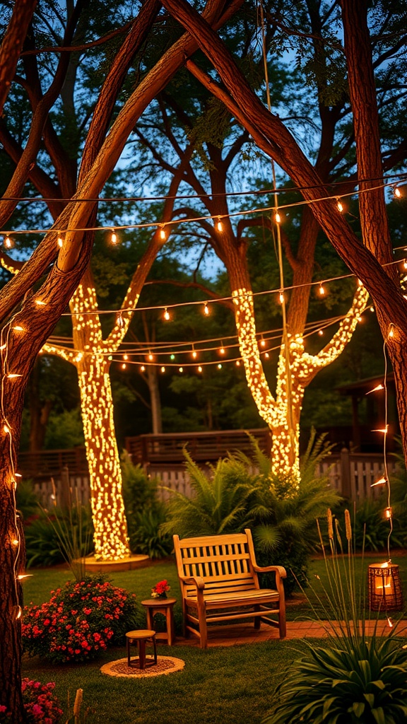 A garden at dusk with fairy lights wrapped around trees, featuring a wooden bench and lush greenery.