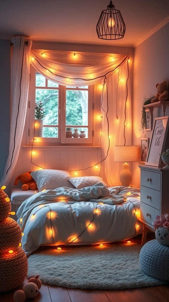 A cozy bedroom decorated with warm glowing fairy lights draped around the window and bed.
