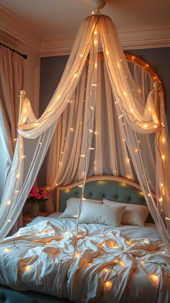 A cozy bedroom featuring a lighted canopy with fairy lights draped elegantly over a bed.