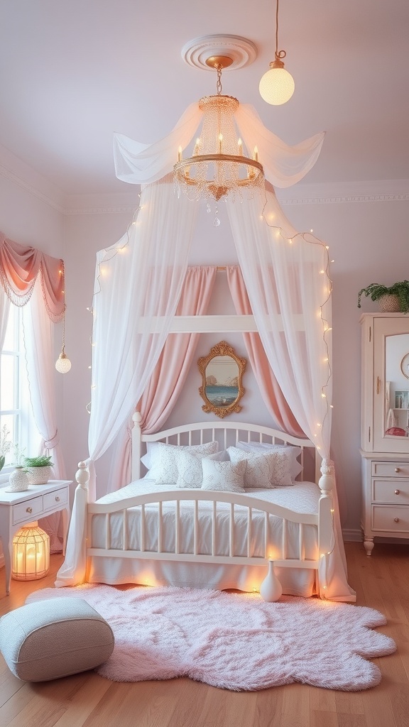 A whimsical fairy tale inspired bedroom featuring a canopy bed with fairy lights, a cloud-shaped rug, and soft pink decor.