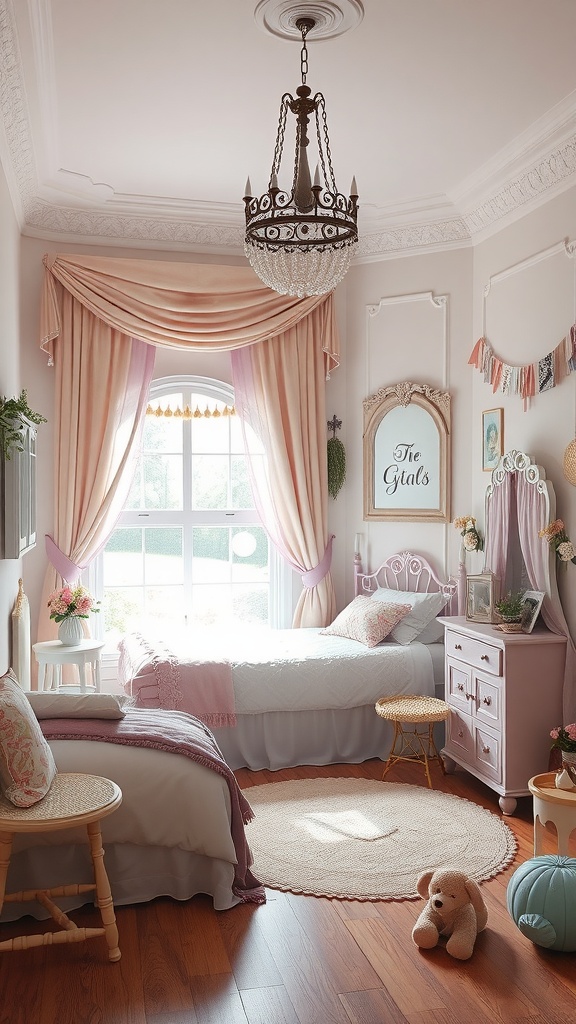 A beautifully decorated bedroom with pastel colors, a chandelier, and a cozy bed.