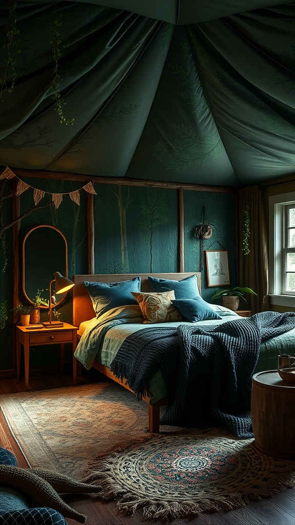 A cozy bedroom nestled among tree branches and greenery, decorated with soft bedding and natural elements.