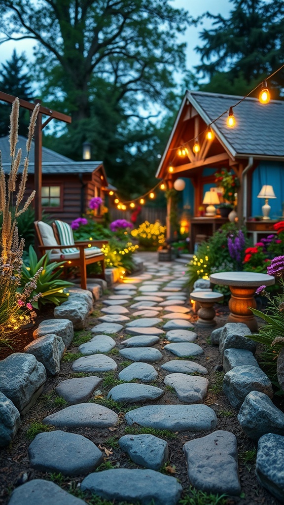 A charming garden pathway made of stones, lined with flowers and illuminated by soft lights, leading to cozy seating areas.