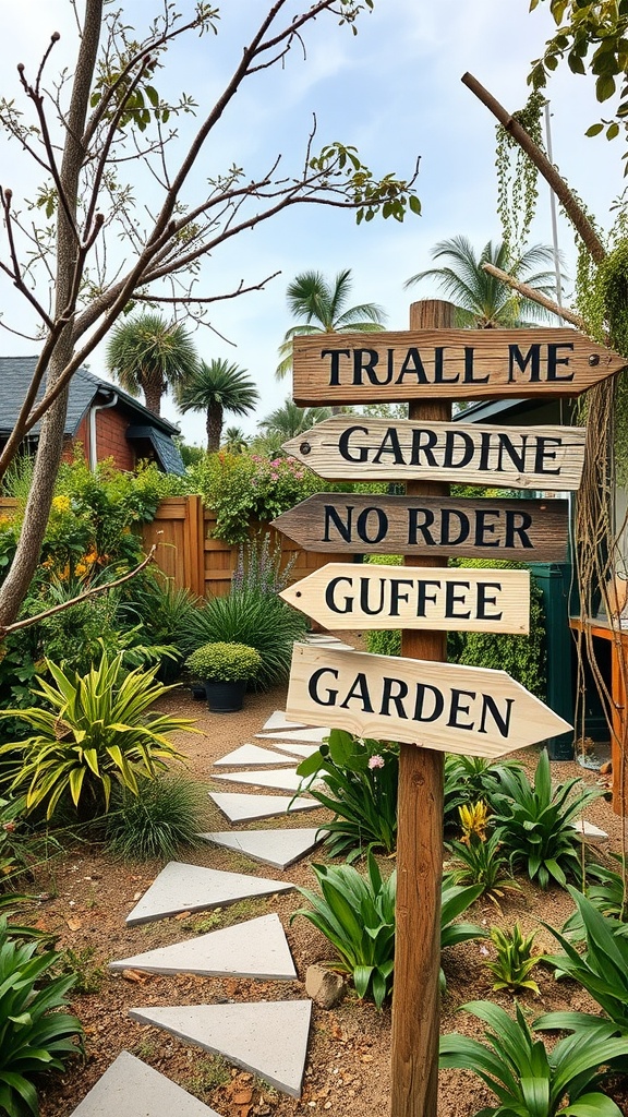 A whimsical wooden signpost in a garden with arrows pointing to different areas, labeled with fun names.