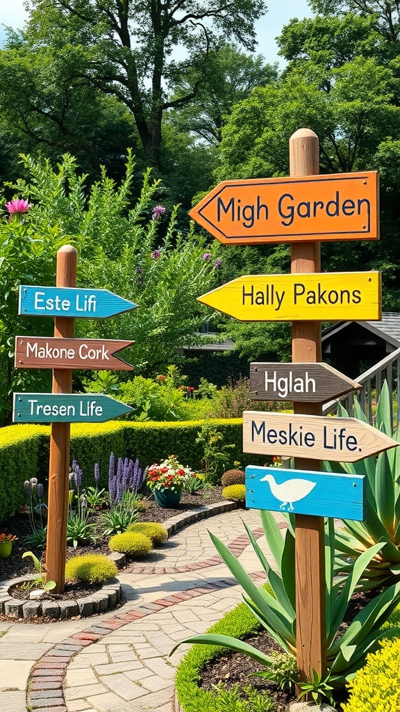 Colorful wooden garden signs pointing in different directions surrounded by greenery