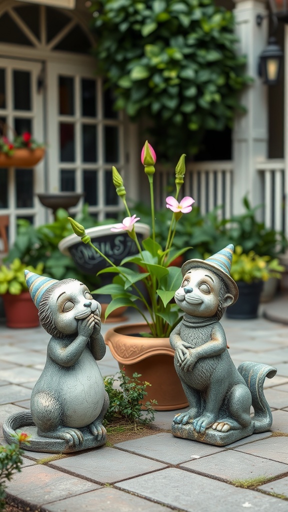 Two whimsical garden statues in party hats sitting beside a flower pot on a patio.