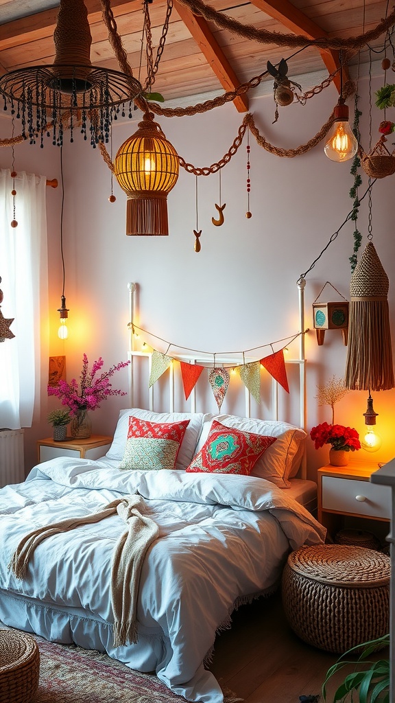 A cozy boho-style bedroom featuring various whimsical lighting options, including woven lanterns and hanging bulbs.