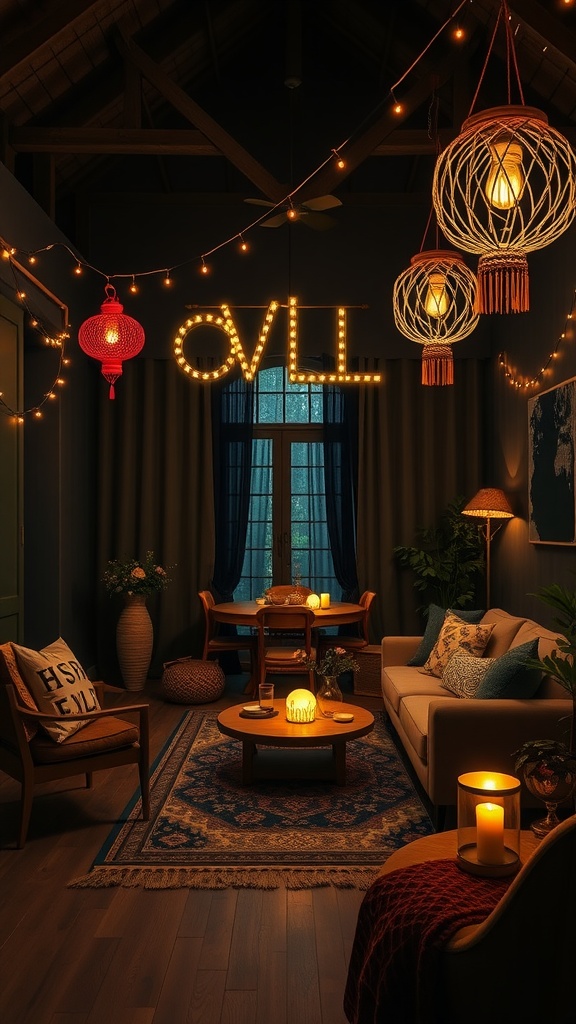 A cozy, dark boho living room with whimsical lighting, including woven pendant lights, a string of fairy lights, and a red lantern, creating a warm and inviting atmosphere.