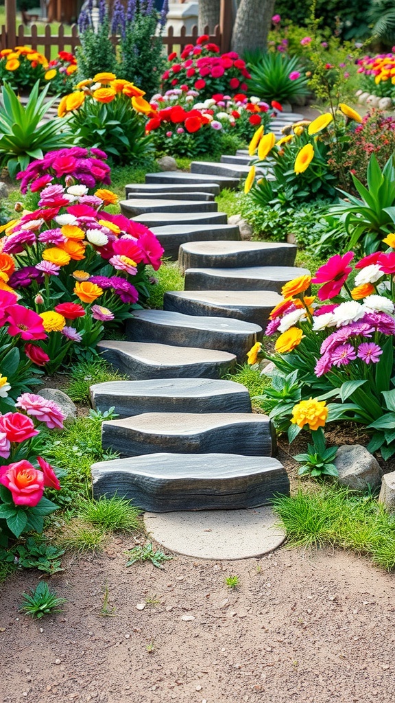 Whimsical garden pathway with log steps surrounded by colorful flowers.