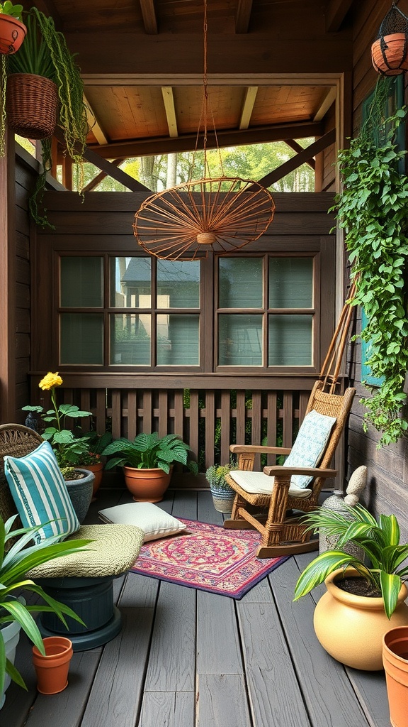 A cozy boho back porch with plants, a wicker chair, and a colorful rug.