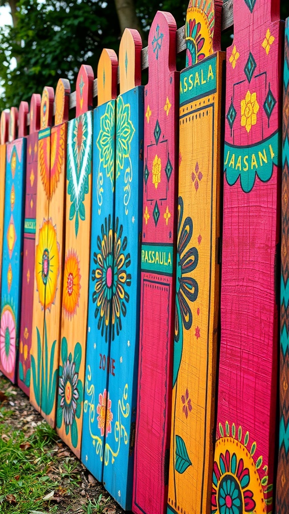 A colorful painted fence with floral designs and bright patterns
