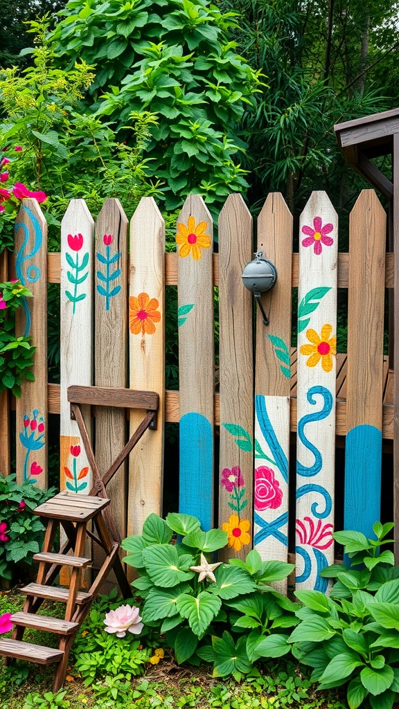 Colorful painted wooden pallets in a garden with flowers and greenery