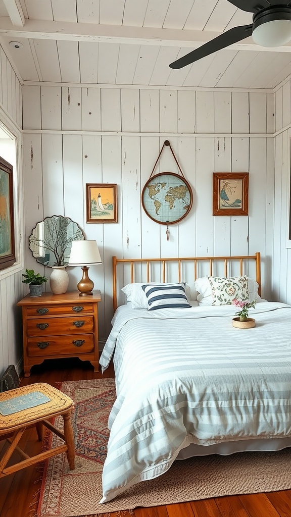 Cozy farmhouse bedroom with light wood paneling, blue and white striped bedding, vintage art on the walls, and a warm ambiance.