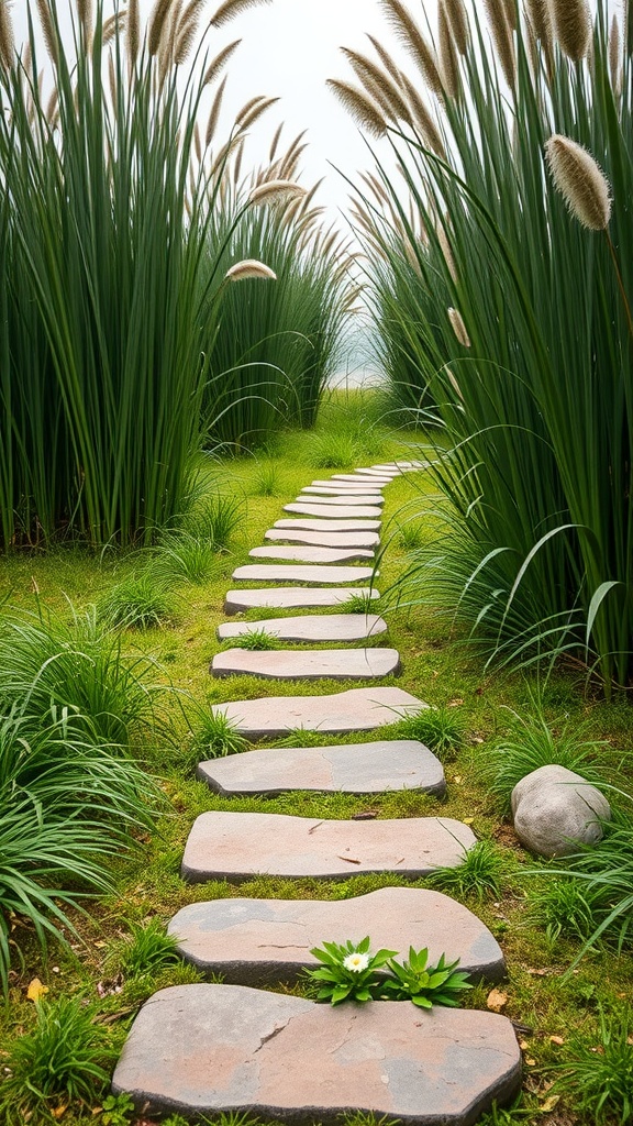 A pathway made of stepping stones surrounded by tall grasses and greenery.