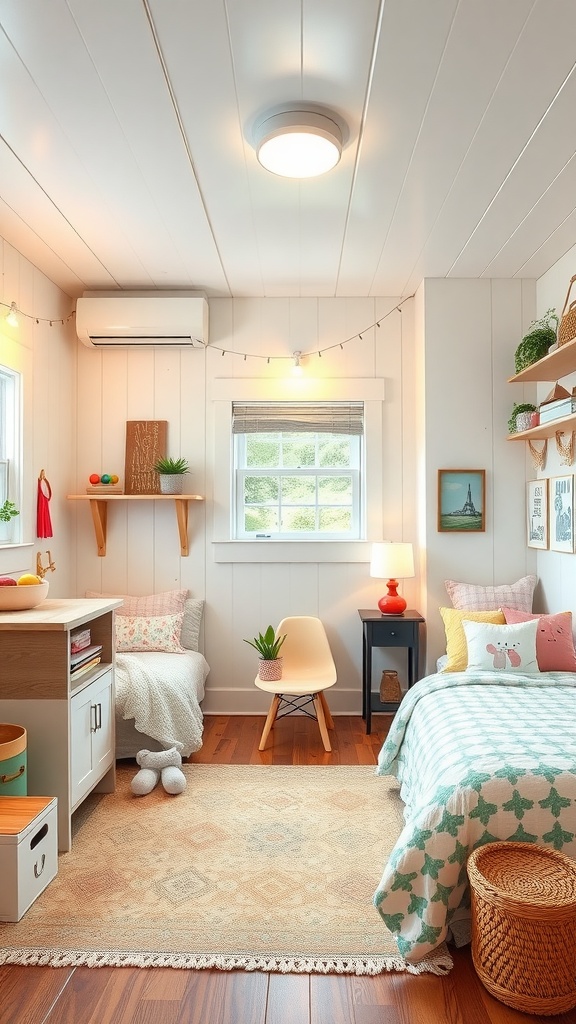 A cozy and whimsical kids' room in a farmhouse basement featuring a light color scheme, playful decor, and comfortable furnishings.