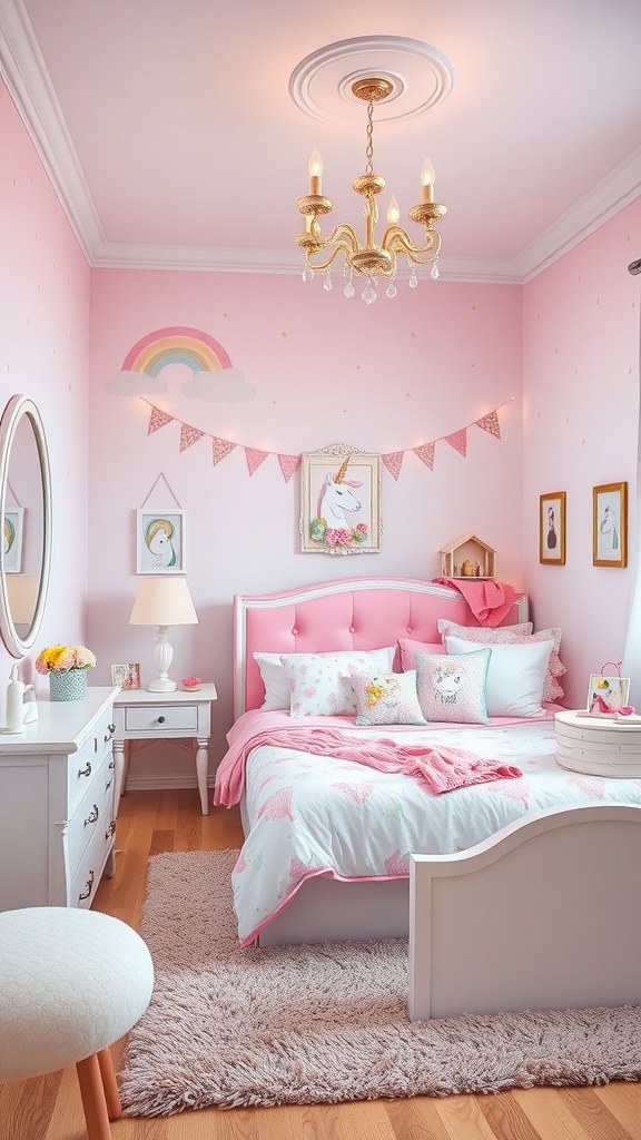 A whimsical bedroom designed for teenage girls, featuring a pink color scheme, unicorn decorations, and cozy furniture.