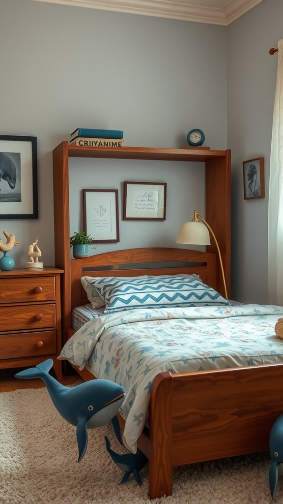 A cozy bedroom featuring whale figurines, ocean-themed decor, and blue tones.