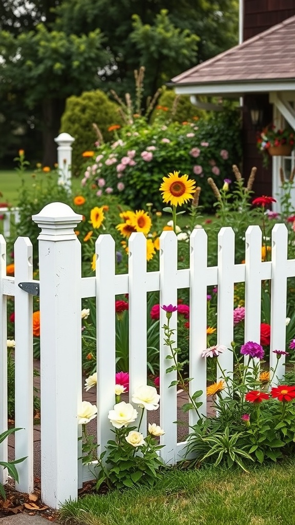 A vibrant farmhouse garden bordered by a white picket fence, featuring a variety of colorful flowers including sunflowers.