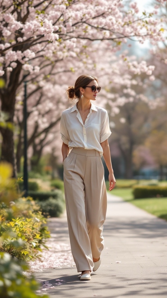 Woman wearing wide-leg pants and a breezy blouse, walking in a park with cherry blossom trees.
