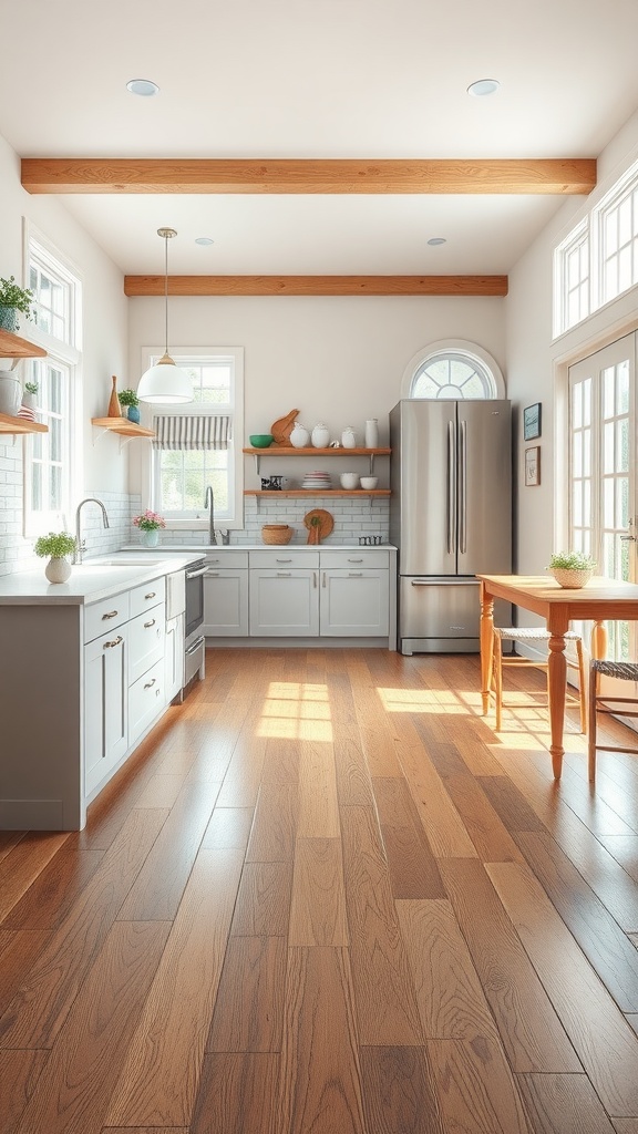 Spacious farmhouse kitchen with wide plank oak flooring